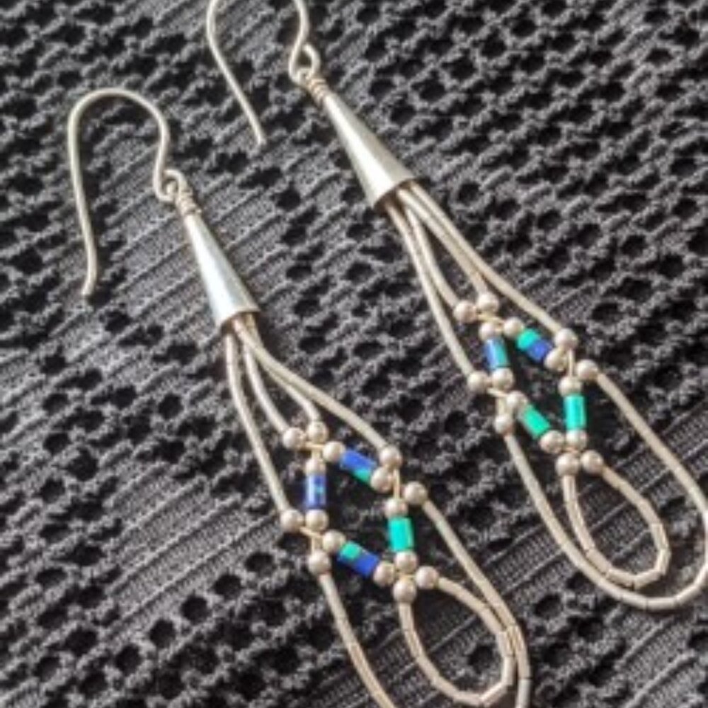 Navajo Azurite Malachite Bead Multi Strand Liquid Sterling Silver Earrings